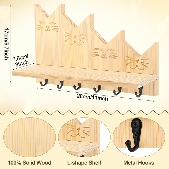 Wenqik Cat Key Holder with Shelf for Wall 11 Inch Entryway Organizer Cute Cat Decorative Pine Wood Key Rack Wall Mount with 6 Hooks and Floating Shelf for Keys Leashes Plants Natural Wood Color