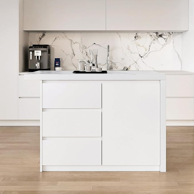 homary Kitchen Island with Storage & Wine Rack, 50" Modern White Kitchen Cabinet with Wood Top, Large Fixed Island with 3 Drawers & 6 Adjustable Shelves