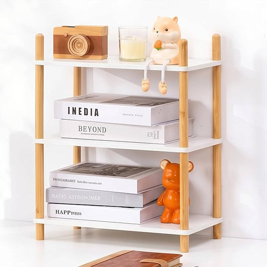 2-Tier Expandable Bamboo Desktop Organizer Shelf Kitchen Cabinet and Counter Riser Display Shelf for Top of Desk Home Office Bathroom Coffee Table Display Stand,Natural (3-Tier White, 6.7" H)