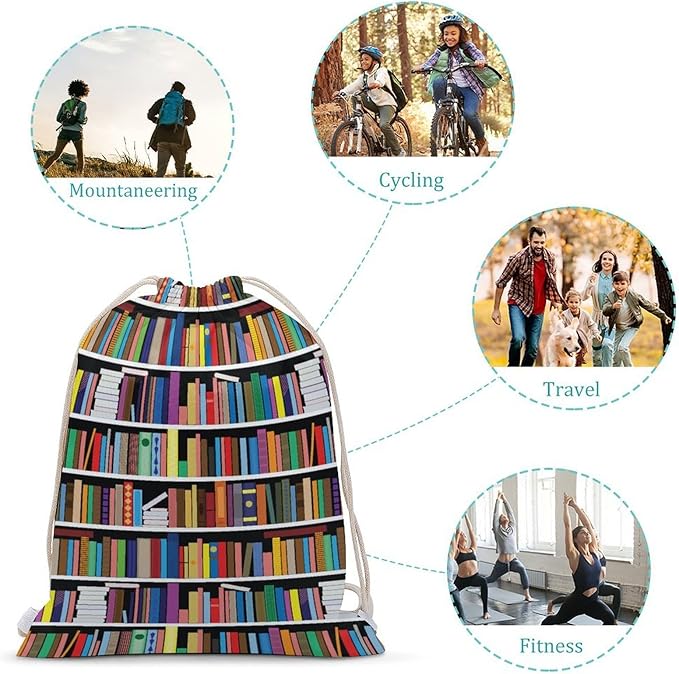 Vintage Library Bookshelf Canvas Drawstring Backpack Storage Bags for Gym Traveling 35x50cm