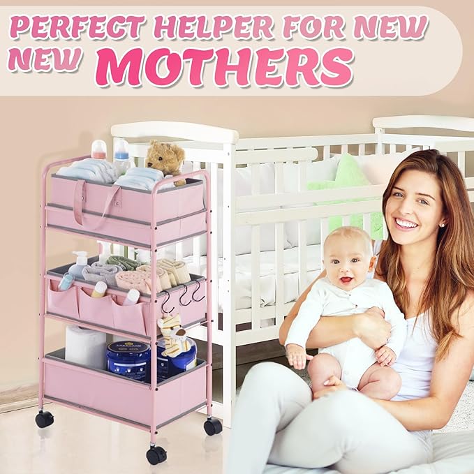 Honeydak 2in1 Baby Diaper Caddy Organizer Cart 3 Tier Large Capacity Metal Utility Bedside Rolling Cart with Divider Newborn Registry Nursery Essential Must Have Crib Bedroom Baby Shower(Pink)