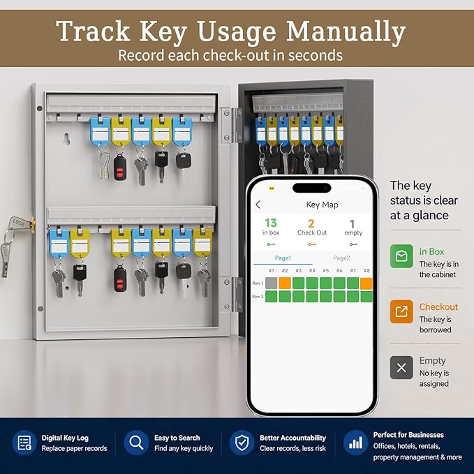 32-Key Smart Key Lock Box (Plus) Wall Mount – Commercial Key Management Cabinet with App, Keypad, Bluetooth & WiFi Unlock (Sold Separately), Access Log Tracking Keys for Rental, Office,Car