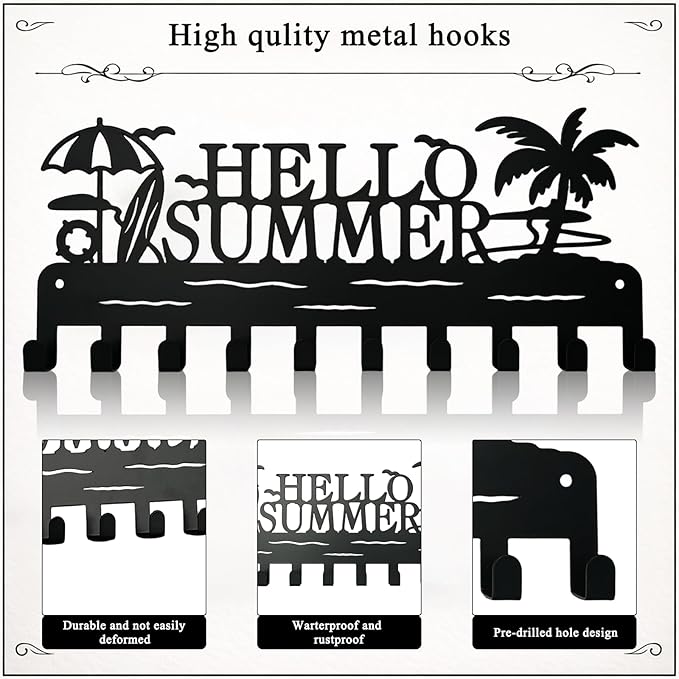 Metal Key Holder Wall Mount, Coastal Tropical Key Rack Hooks, Hello Summer Beach Wall Art Organizer for Entryway, Kitchen, Hallway, Garage, Farmhouse Home Decor & Housewarming Gift (Hello Summer)
