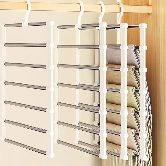 Pants Hangers 4 Pack (Holds 24 Pairs) Space Saving Pant Hanger 360° Swivel Hook Stainless Steel Bars Closet Organizer for Dress Pants Jeans Leggings Ties Towels (White)