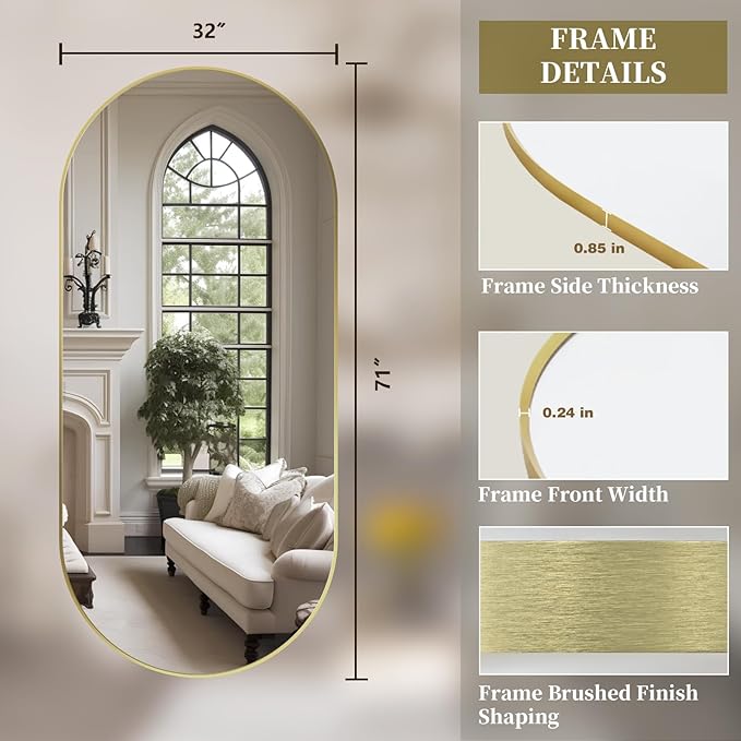 Oval Full Length Mirror, 71"×32" Wall-Mounted Mirror with Gold Frame in Shiny Gold, Ultra-Clear Explosion-Proof Dressing Mirror, Simple & Classic Deco for Cloakroom/Bedroom/Living Room