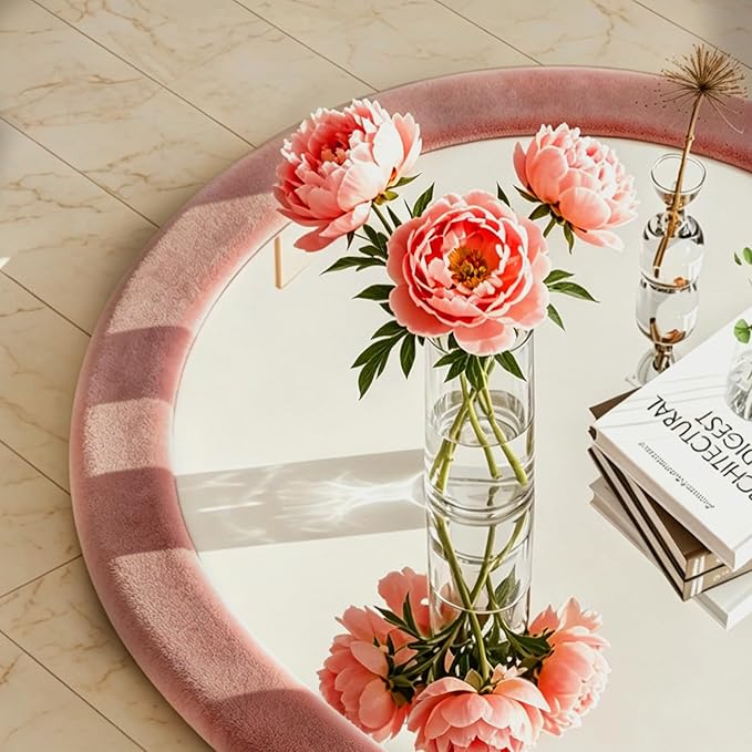 Full Length Mirror 56"x20" Arch Floor Mirror with Stand Arched Full Body Mirror Standing Hanging or Leaning Against Wall for Bedroom Flannel Wrapped Wooden Frame, Light Pink