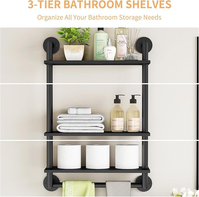 STWWO Bathroom Shelves Wall Mounted, 3 Tier Black Bathroom Shelf with Towel Bar, 26in Stainless Steel Floating Pipe Towel Racks Over Toilet, Bathroom Wall Shelves Laundry Room Kitchen Storage