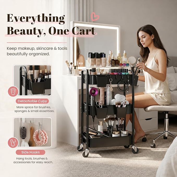 3 Tier Rolling Cart Metal with Wheels, Black Three Tiered Art Cart Organizer on Wheels, Storage Utility Trolley Carts for Kithcen, Craft, Nail, Lash, Makeup, Salon,Bedside, Bathroom, Office, Snack
