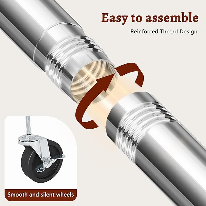 FAVOOSTY Clothes Rack for Hanging Clothes Double Rods, Rolling & Extending Clothing Rack with Wheels, Garment Coat Rack Freestanding, Portable Clothes Rack, Sliver