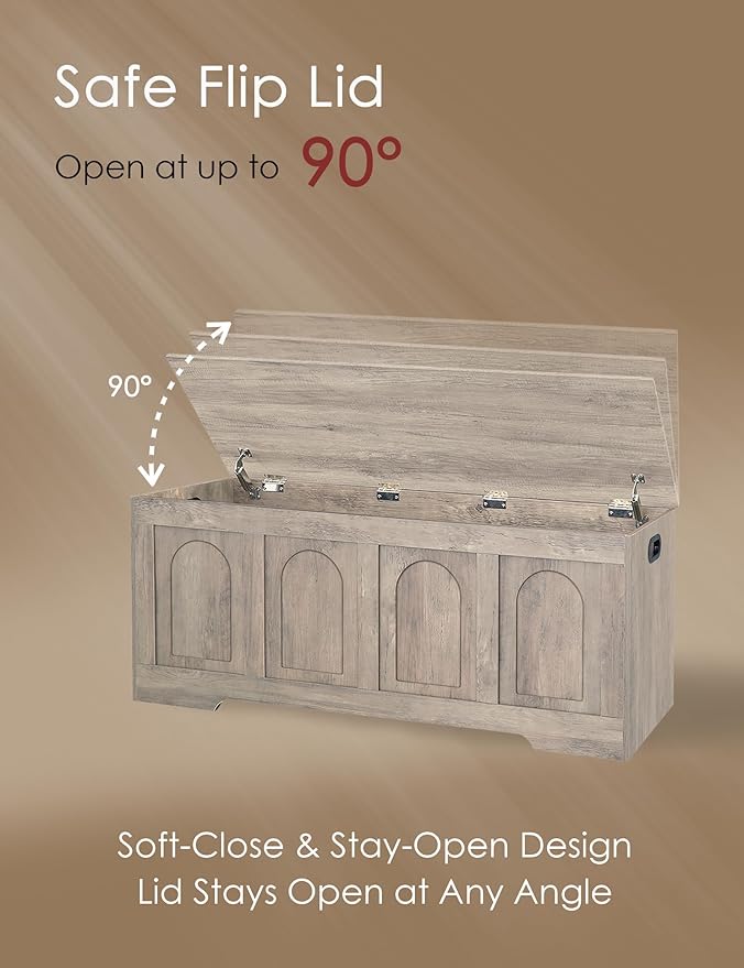 DINZI LVJ Storage Chest, 50”Extra Large Storage Bench with 2 Safety Hinges, Wooden Toy Box with Flip-Top, Large Trunk for Living Room, Playroom, Easy Assembly, Greige