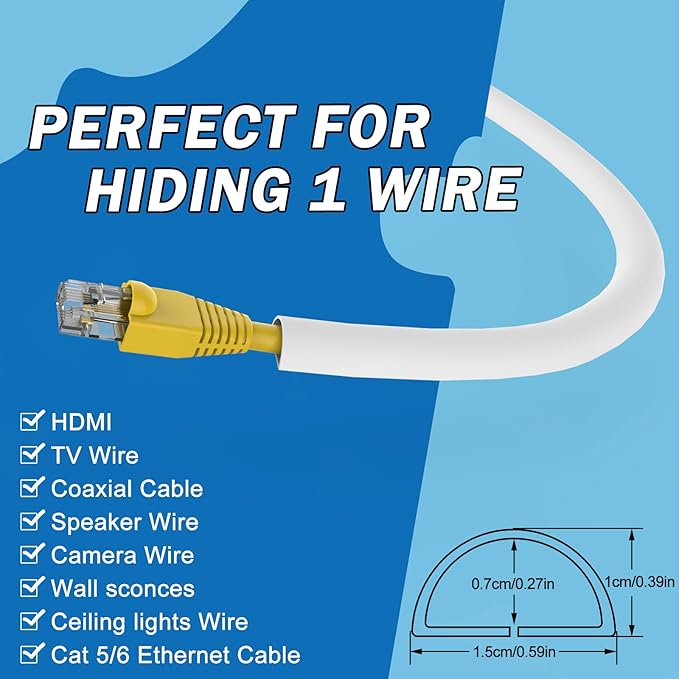 UOMTFAI Wall Cord Hider 118 Inch - Self-Adhesive Wire Cover Raceway for Walls, Flexible PVC Cable Concealer for Home and Office, W0.59 H0.39in - White