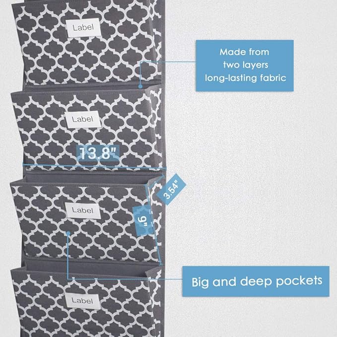 homyfort Over the Door File Organizer, Hanging File Folders, Wall Organizers and Storage for Mail, Magazine, Notebooks, Planners, Office, Classroom, 5 Extra Large Pockets (Grey Lantern Pattern)
