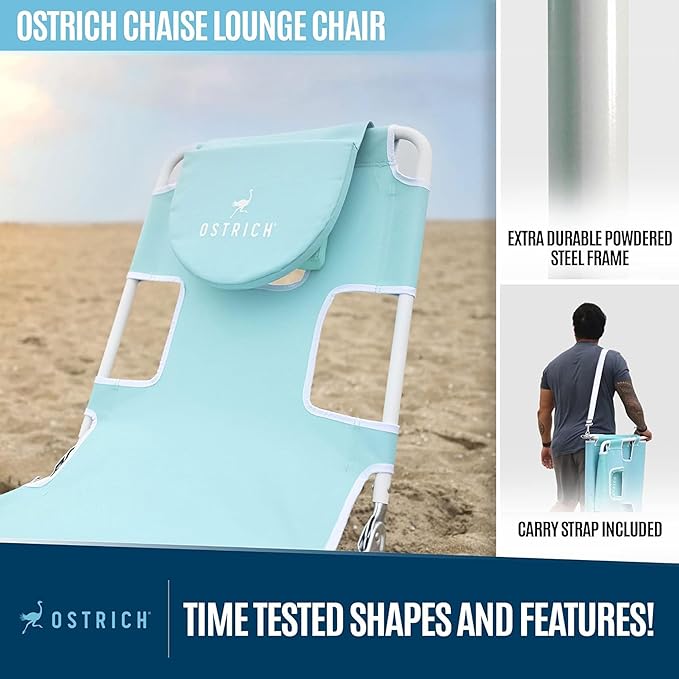 Ostrich the Original Chaise 72 x 22 Inch Lounge Portable Reclining Lounger, Outdoor Patio, Beach, Lawn, Camping, or Pool Tanning Chair, Aqua