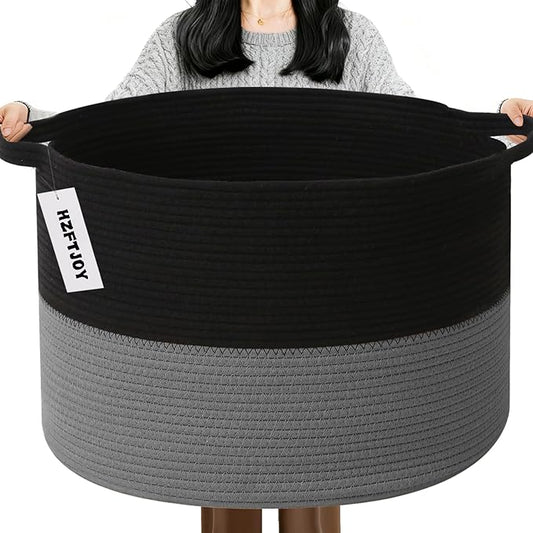 115L Large Blanket Basket,Woven Rope Laundry Basket Hamper with Handles, Decorative Nursery Basket Storage Bin for Toys, Clothes Organizer, Living Room, Bedroom, Bathroom, Black&Dark Grey
