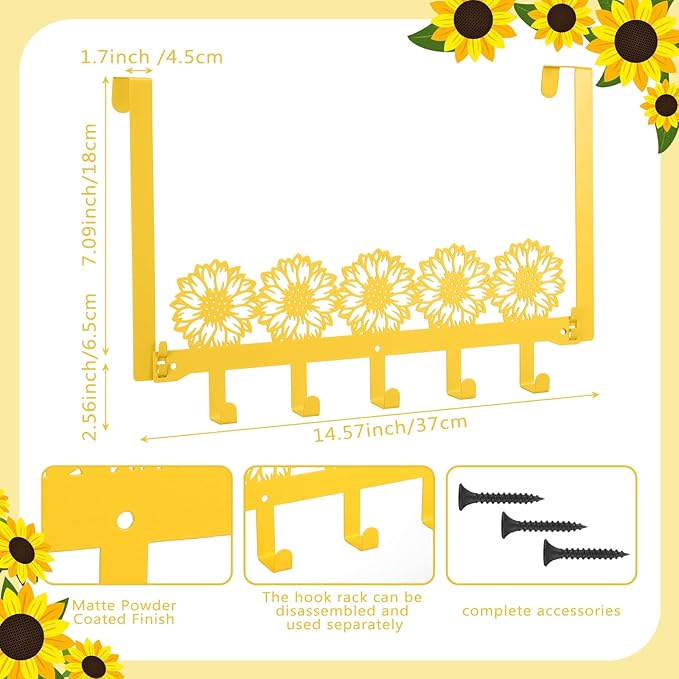 AceOrbit Sunflower Over the Door Hooks Coat Rack Wall Mounted Decorative Yellow Metal Hanger Sunflower Wall Art Decor Key Holder with 5 Hooks for Coat, Towel, Hat, Bag, Bathroom Home Kitchen Office
