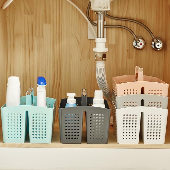 Portable Shower Caddy Basket with Wood Handle, 3-Compartment Bathroom Organizer Tote with Drain Holes, Plastic Shower Basket for Dorm, Toiletries, Cleaning Supplies, White