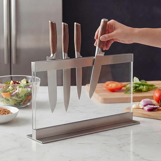 THMINS Acrylic Magnetic Knife Holder, Large Transparent Magnetic Knife Block Double-Sided Magnetic Kitchen Countertop Universal Knife Display Stand Multifunctional Storage