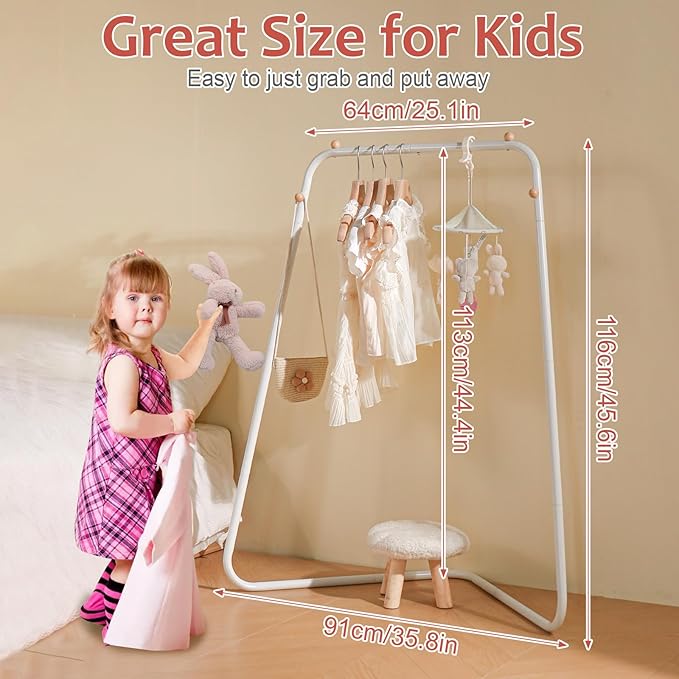 YGJT Kids Clothing Corner Rack, Dress Up Storage for Little Girls with Bottom Storage Shelf, Cute Toddler Wardrobe Cloest Garment for Hanging Coat, Dance Costume, Dresses, Clothes in Bedroom, White