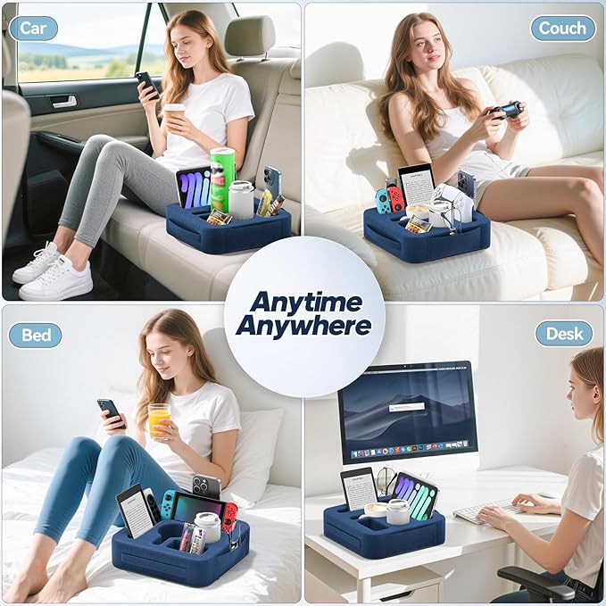 Couch Cup Holder Pillow, Sofa and Bed Caddy for iPad, Kindle, Switch, Game Controller, Remotes, Phones, Small-Sized Cup and Drink Holder for Couch, Bed, Desk, Car, Beach, Bathroom Cup Holder, Blue