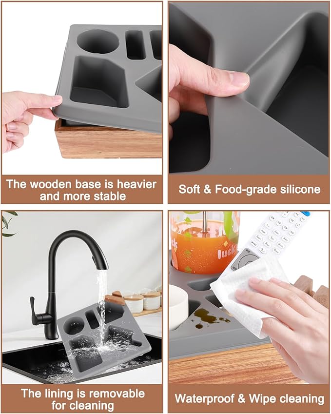 Couch Cup Holder Tray, Silicone Wooden Couch Caddy with Cup Holder for Snacks, Drinks, Remotes, Waterproof Cup Holder for Couch, Organizer, Couch Drink Holder, Sofa Cup Holder