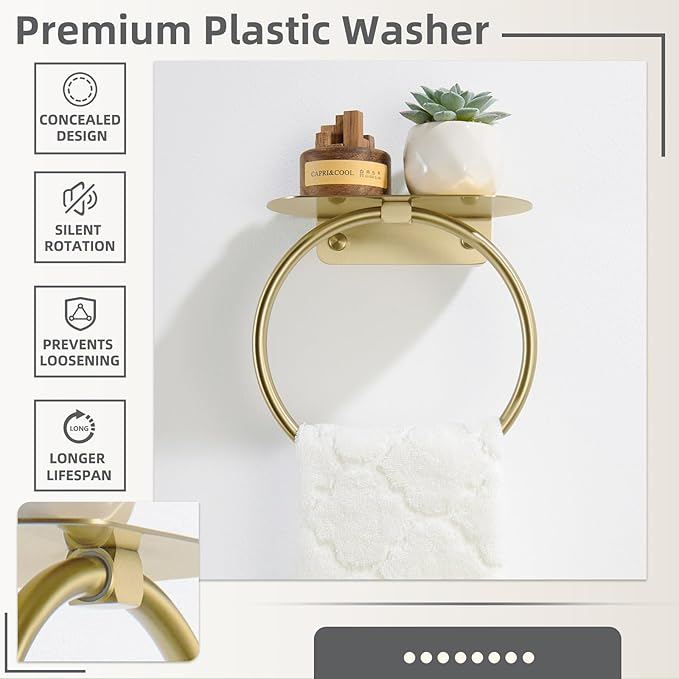 APLusee Brushed Gold Towel Ring with Shelf, 304 Stainless Steel Wall Mounted Hand Towel Holder for Bathroom, Space-Saving Design