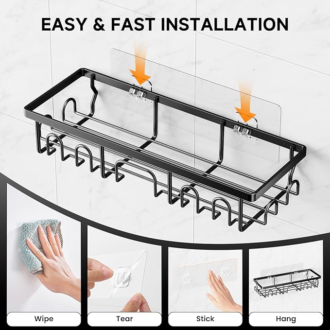 Shower Caddy, 3 Pack Shower Shelves, Rustproof Adhesive Bathroom Organizer with Soap Holder, No Drilling Washroom Organizers and Storage for Bathtub Room/Kitchen/Home, Matte black