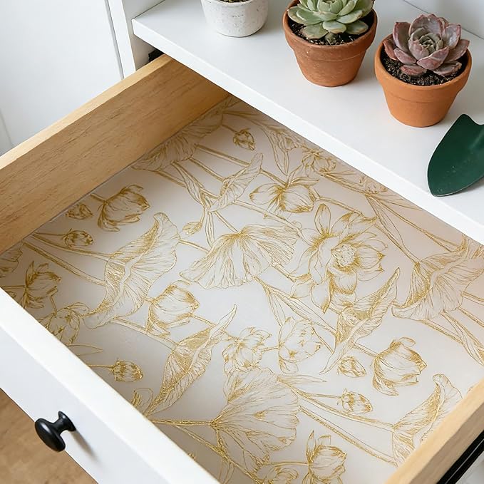 Shelf Liners Non Adhesive Light Base Gold Lotus Pattern - Thickened Non-Slip Easy to Clean Drawer Liner for Kitchen Cabinets, Tool Box, Refrigerator, with Knife & Tape Measure, 17in x 20FT