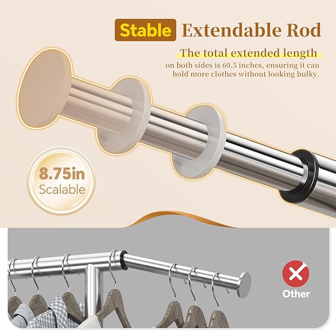 Simple Trending Heavy Duty Clothes Rack, Garment Rack with Extendable Side Rods & Botton Shelves, 25mm Metal Clothing Rack with Wheels, Bedroom, Laundry Room, Silver