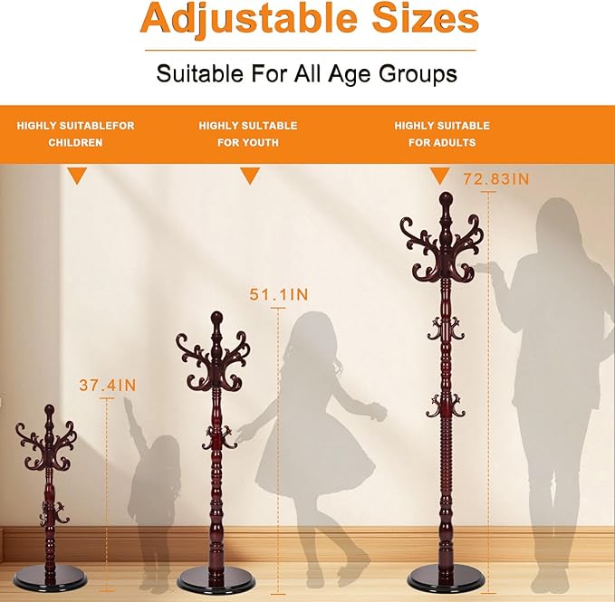 Wooden Coat Rack Stand, Coat Rack Freestanding with Sturdy Round Base, Adjustable Height Tree Coat Racks Stand for Home Bedroom Hallway Entryway Office