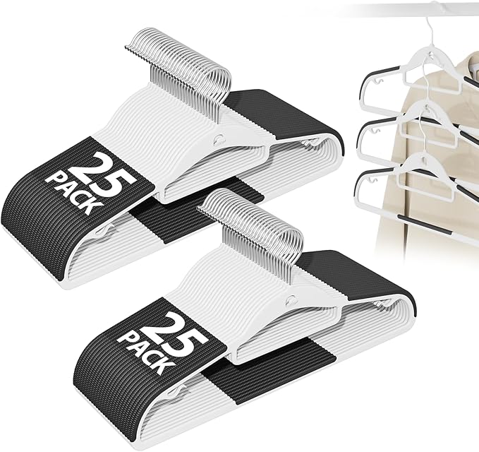 Plastic Hangers 50 Pack, Stackable Slim Space Saving Hangers with Non-Slip Pads, 360° Swivel Hook, Cascading Strip for Vertical Storage, Closet Organizer for Shirt, Suit, Skirt, Coat - Black