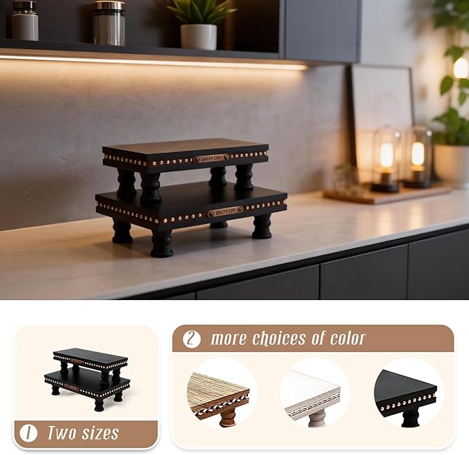 Wood Tray Pedestal Stand, Waterproof Bathroom Counter Organizer, Modern Farmhouse Riser for Soap/Candle/Sponge Black Set （Middle+ Small