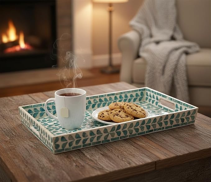 PEMAR Rectangular Mother of Pearl Serving Tray Nacre Wood Lap Ottoman Tray for Coffee Table, Luxury Decorative Handmade Eating Platters w Insert Handles (Teal Floral Pattern)