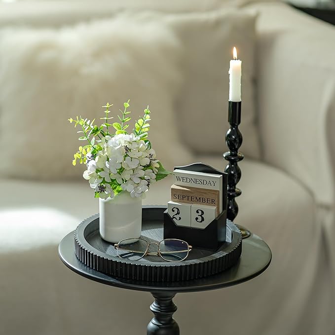Hanobe Decorative Tray for Coffee Table: 12" Black Round Centerpiece Tray for Home Decor - Wood Modern Farmhouse Decor for Living Dining Room Kitchen Island Tabletop