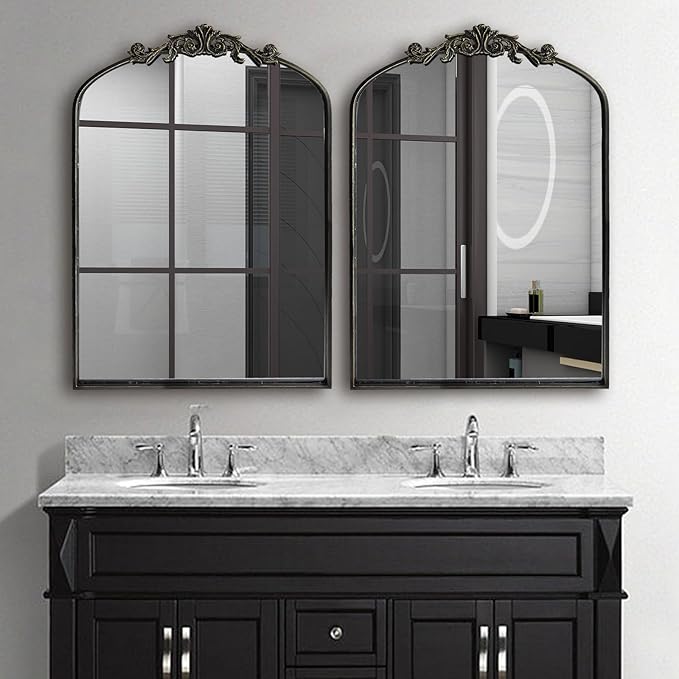 HQiJun Black Vintage Wall Mirror Window Decorative Traditional Mirrors Antique Arched Farmhouse for Living Room Bedroom Entryway Bathroom Vanity (36 * 24 * 1.2, Black)