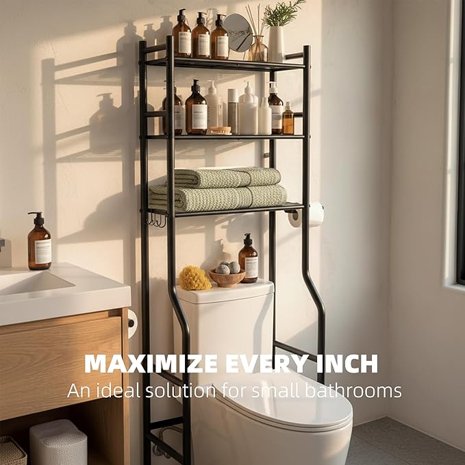 GloTika 3-Tier Over Toilet Storage with Anti-Tilt Safety System - 150lb Total Capacity Metal Bathroom Shelves Including Paper Holder & 4 Hooks, Space Saving Above Commode Organizer (64" H, Black)
