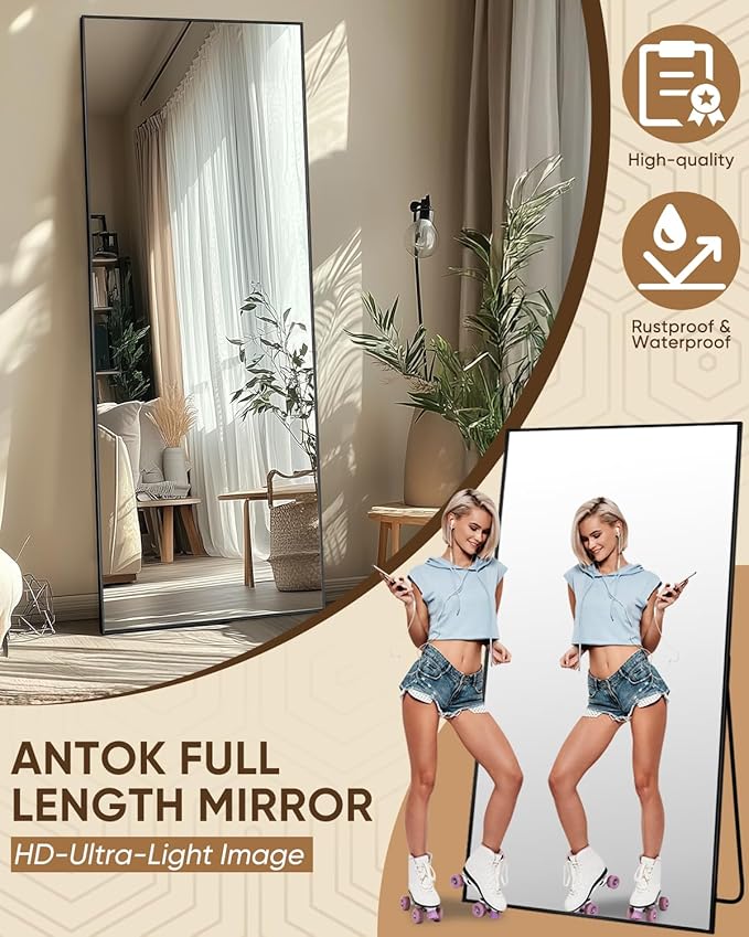 Antok Full Length Mirror, 56"x14" Floor Mirror, Floor Standing Freestanding Full Body Mirror with Stand for Bedroom, Hanging Mounted for Living Room Cloakroom, Black