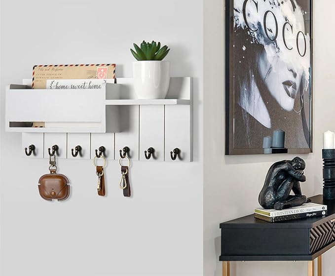 RelaxScene Key Holder Wall Mount - Decorative Key Rack and Mail Organizer with 7 Key Hooks - Wooden Key Hanger with Shelf for Living Room Decor - Rustic Farmhouse Home Entryway Aesthetic Essentials