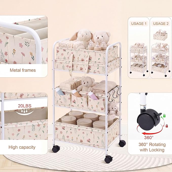 Yookeer 2in1 Baby Diaper Caddy Organizer Cart 3 Tier Large Capacity Metal Utility Bedside Rolling Cart with Divider Newborn Registry Gift Nursery Essential Must Have Bedroom Baby Shower(White,Flowers)