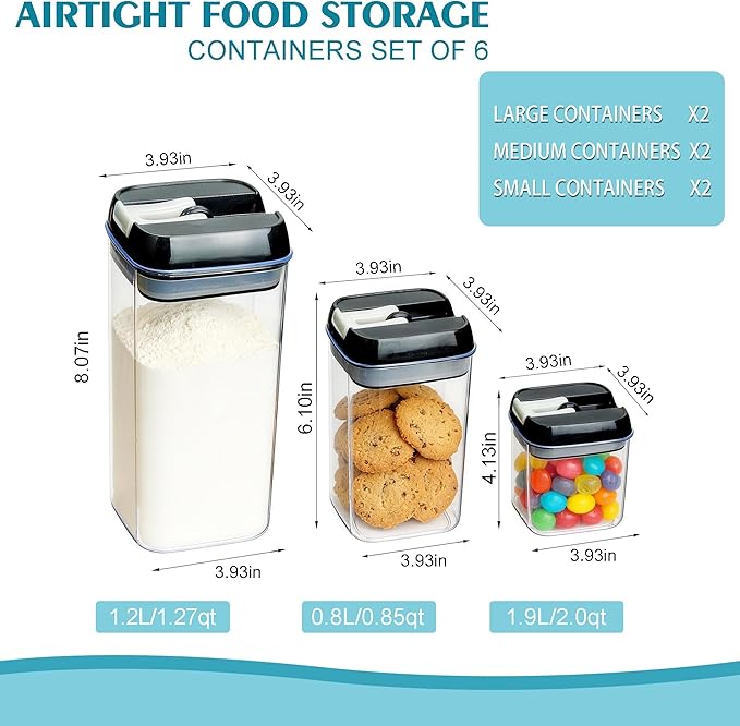6-Piece Airtight Food Storage Containers with Lids - BPA-Free Kitchen Pantry Canisters for Cereal, Pasta, Snacks, Candy & Dry Foods, Stackable Space-Saving Design