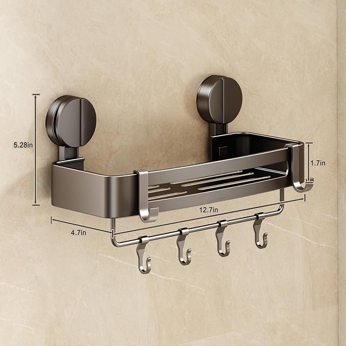 VOLPONE Shower Caddy Suction Cup, Corner Shower Shelves No Drilling, Showers Organizer Storage with Towel Bar & Removable Hooks, Bathroom Shower Shelf Rack for Inside Showers, Square
