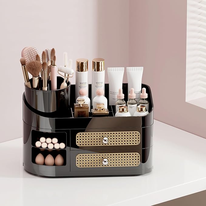 UFORU Makeup Organizer with Rotating Brush Holder, Bathroom Countertop Organizer with 2 Drawers, Easy to Store Hair Brush, Lipsticks, Perfumes, Skincare, Black
