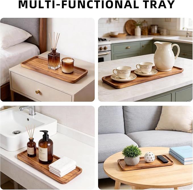 Handcrafted Acacia Wood Serving Tray 4 Pack– Multi-Functional Decorative & Candle Tray, Smooth Polished Surface with Raised Edges，Cheese Board for Food，Kitchen Organization,or Gift-11.4*4.1*0.59 in