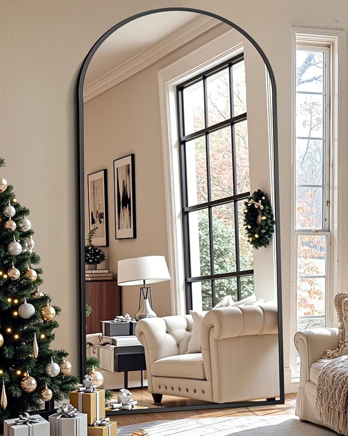 Antok Full Length Floor Mirror Arched Standing Mirror with Aluminum Frame - Freestanding Wall Mount Leaning Body Mirror for Bedroom Living Room Entryway, 71" L x 28" W, Black