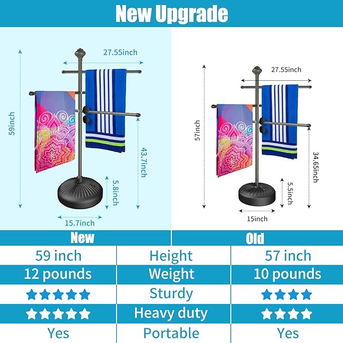 Pool Towel Rack Outdoor, 59" Aluminum Towel Holder with Wide Stable Base,6 Adjustable Bars, Pool Furniture,Rustproof Towel Drying Rack for Pool, Patio, Hot Tub,& Spa – Gray
