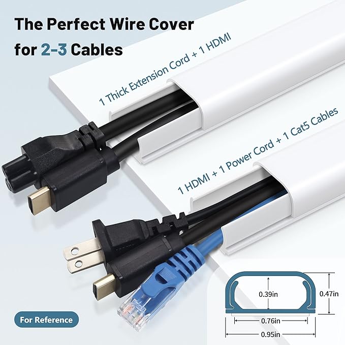 Wire Covers for 2-3 Cords, 43.7in Cord Hider, Wire Hiders for TV on Wall, Paintable Cable Cover Channel, Cable Management Raceway Kit for Wall Mounted TV in Home Office, 0.95in W X 0.47in H, White