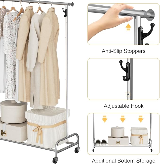 Clothing Rack Chrome, 47.05" to 65.94" Adjustable Rolling Clothing Rack, Standard Drying Garment Rack for Hanging Clothes, Metal Clothes Organizer with Wheels for Bedroom, Laundry Room, Silver