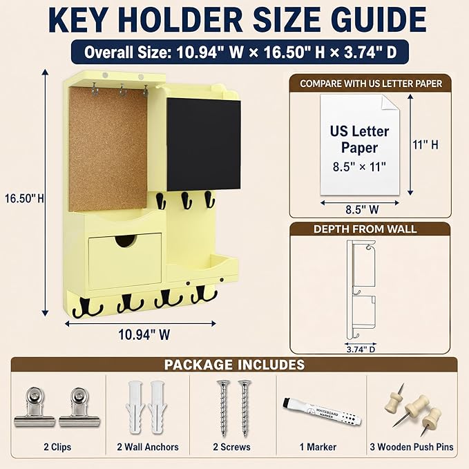 Key Holder Wall Mount， Mail Organizer Key Holder for Wall with Shelf, Drawer, Chalkboard, Corkboard, Home Decor Wall Mounted for Room Entryway (Ivory Yellow)