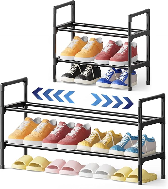 Kitsure Shoe Rack for Closet - Expandable Shoe Rack for Entrance, Rustproof Shoe Organizer for Entryway with Portable Handles, Black, 17.3″~30.2″L x 16.3″H