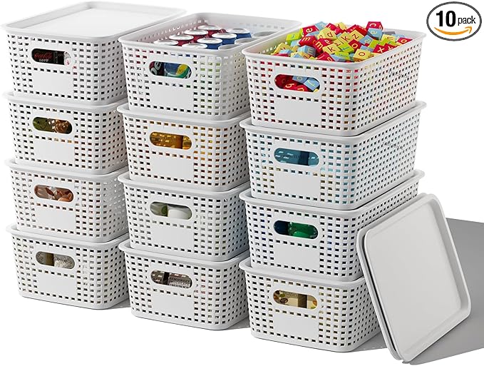 ORGIDOL Plastic Storage Basket with Lids 12 Pack Stackable Storage Bins Containers with Lid, Decorative Storage Boxes for Organizing Shelves, Drawers, Playroom, Classroom, Office, Closet, White