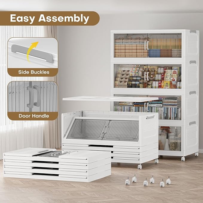 Extra Large Stackable Storage Bins with Lid, 210Gal/840QT Foldable Collapsible Storage Box with Doors, Wheels and Drawers, Plastic Closet Organizer Container for Kitchen, Bedroom, Dorm, 3Pack